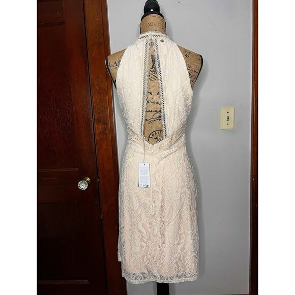 NWT GUESS DRESS BEIGE LACE OVERLAY PEACH BACKLESS LIZA MINI LARGE L - Picture 5 of 6